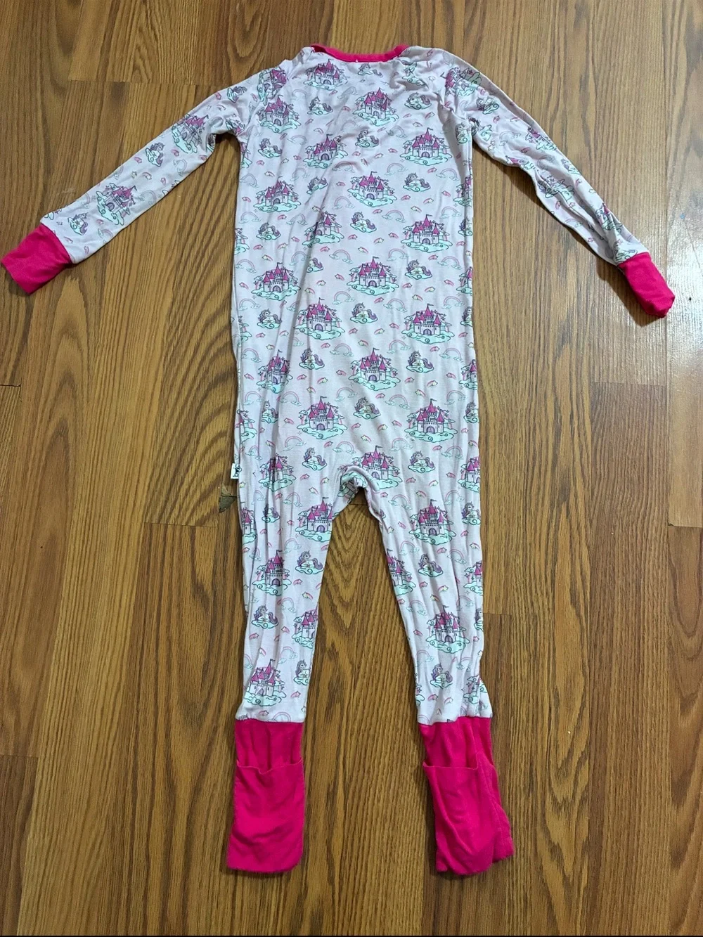 Girls' Pink Castle Print Footed One-Piece Pajama with Bright Pink Trim